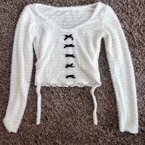 SHEIN White Fuzzy Long Sleeve Crop Sweater with Black Bow Details